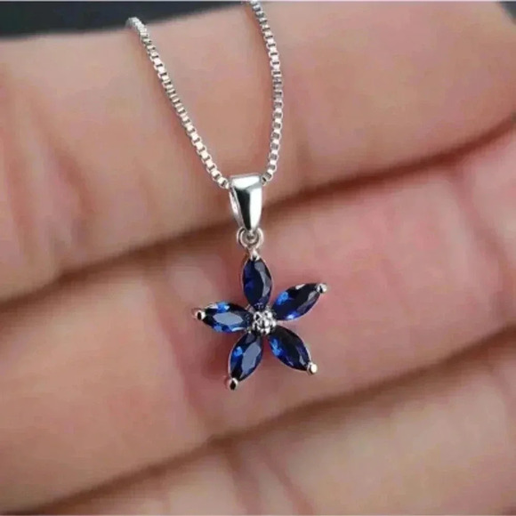 Sterling Silver 925 Blue Sapphire Flower Pendant Necklace - Picture 4 of 5